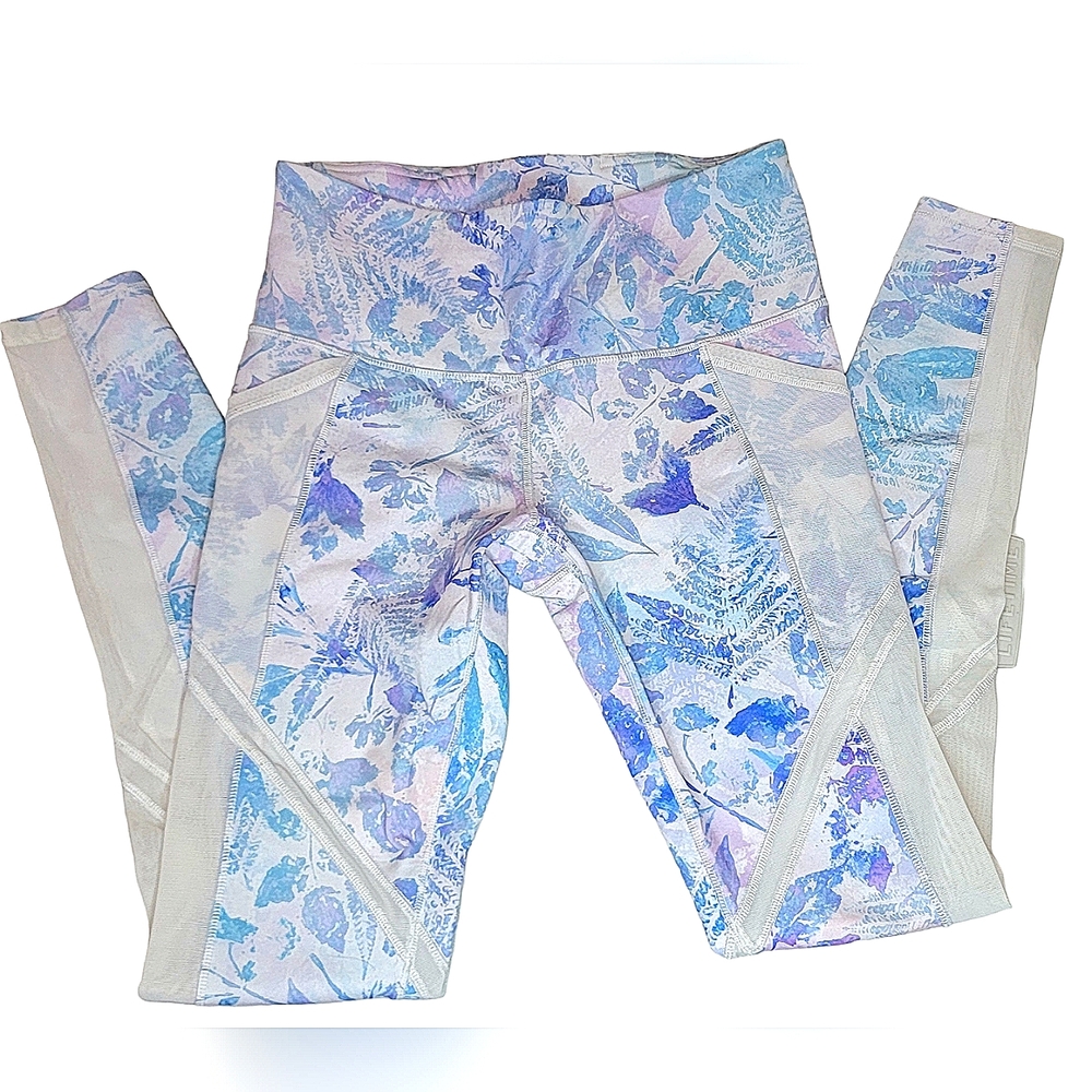 Ivivva by Lululemon Leggings Pastel Floral Blues & Purples w/ Mesh Sz 14